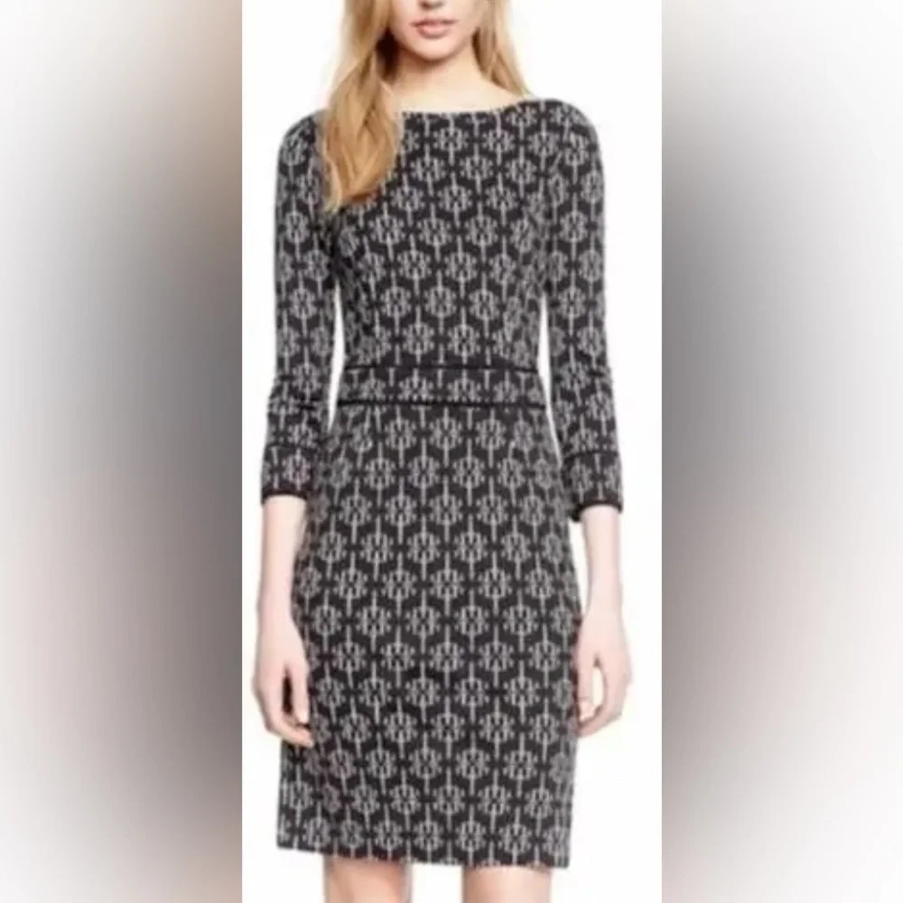 NTM: Tory Burch White Monogram Print Silk Sheath Dress 3/4 Sleeve Size L